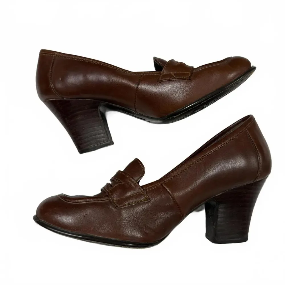 Born Women's Brown Leather Loafers with Block‎ Heel size 8.5